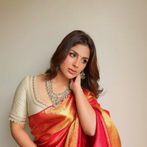 Samyukta Menon Stuns in Red and Gold Silk Saree