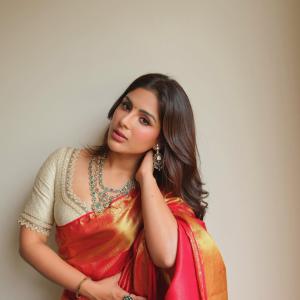 Samyukta Menon Stuns in Red and Gold Silk Saree