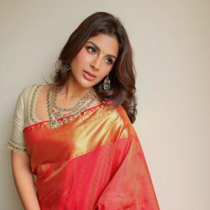 Samyukta Menon Stuns in Red and Gold Silk Saree