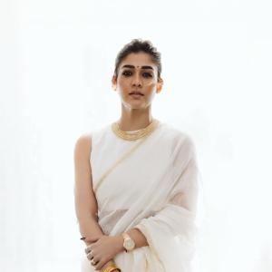 Nayanthara Looks Elegant in Ivory-White Saree With Gold Border