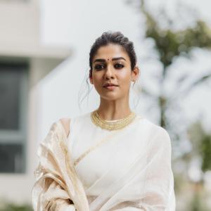 Nayanthara Looks Elegant in Ivory-White Saree With Gold Border