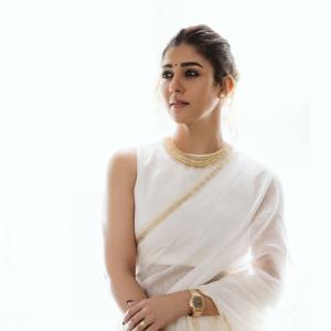 Nayanthara Looks Elegant in Ivory-White Saree With Gold Border
