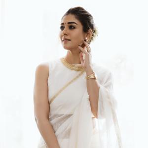Nayanthara Looks Elegant in Ivory-White Saree With Gold Border