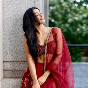 Preity Mukundan Stuns in Maroon Floral Lehenga Look