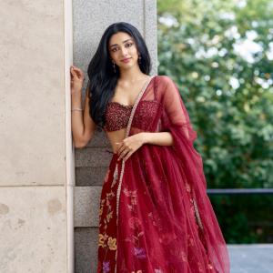 Preity Mukundan Stuns in Maroon Floral Lehenga Look