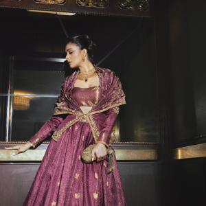 Keerthy Suresh Stuns in Wine-Maroon Silk Lehenga Look