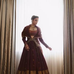 Keerthy Suresh Stuns in Wine-Maroon Silk Lehenga Look