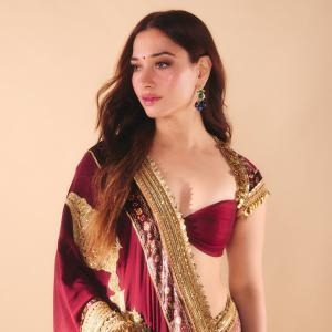Tamanna Bhatia Stuns in Elegant Maroon and Gold Saree