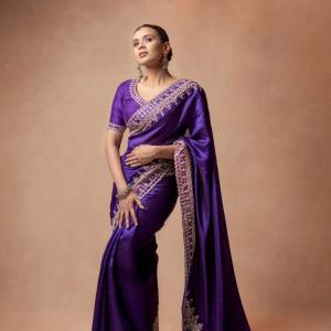 Actress Hebbah Patel Looks Regal in Purple Embroidered Saree | Latest Photos