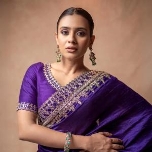 Actress Hebbah Patel Looks Regal in Purple Embroidered Saree | Latest Photos