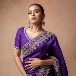 Actress Hebbah Patel Looks Regal in Purple Embroidered Saree | Latest Photos