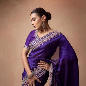 Actress Hebbah Patel Looks Regal in Purple Embroidered Saree | Latest Photos