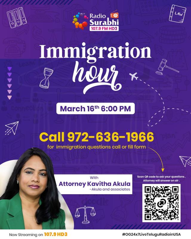 Immigration Hour – Live Radio Q&A with Kavitha Akula on Radio Surabhi 107.9 FM HD3