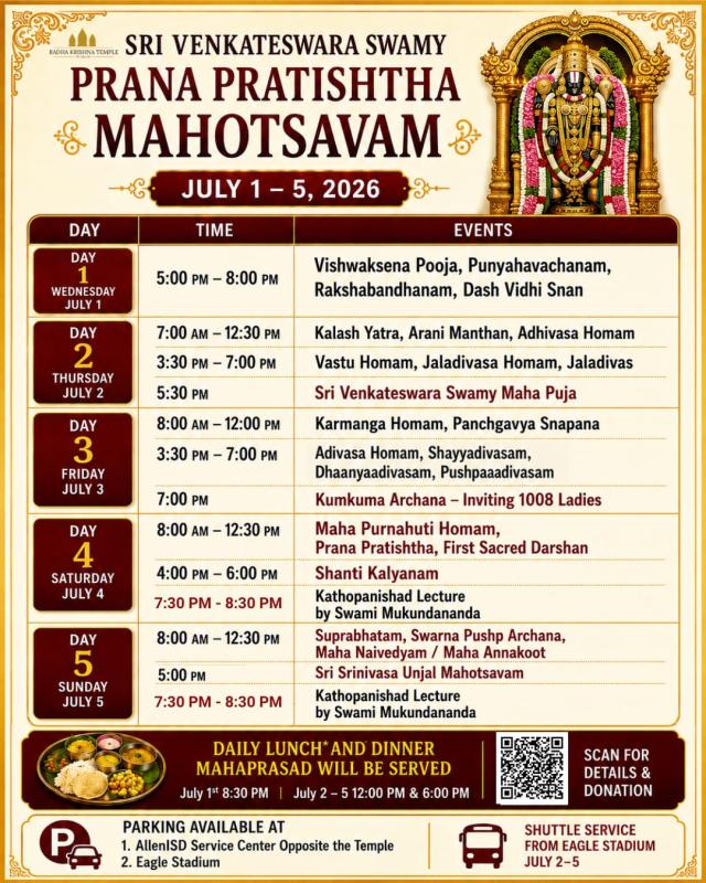 5-Day Sri Venkateswara Swamy Prana Pratishtha Event – Radha Krishna Temple