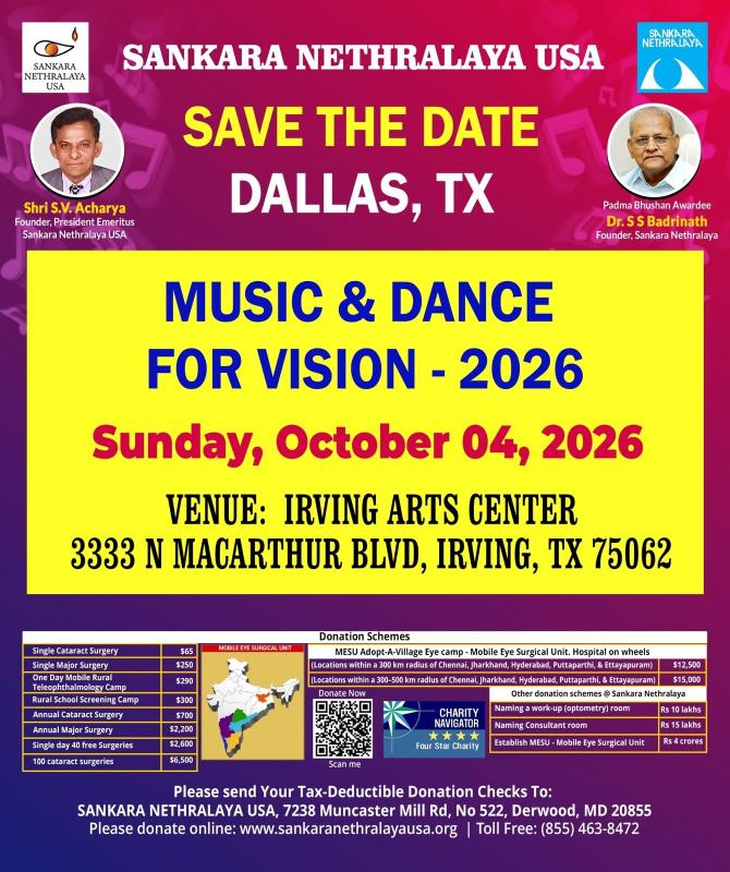 Sankara Nethralaya Vision Fundraiser in Irving on October 4