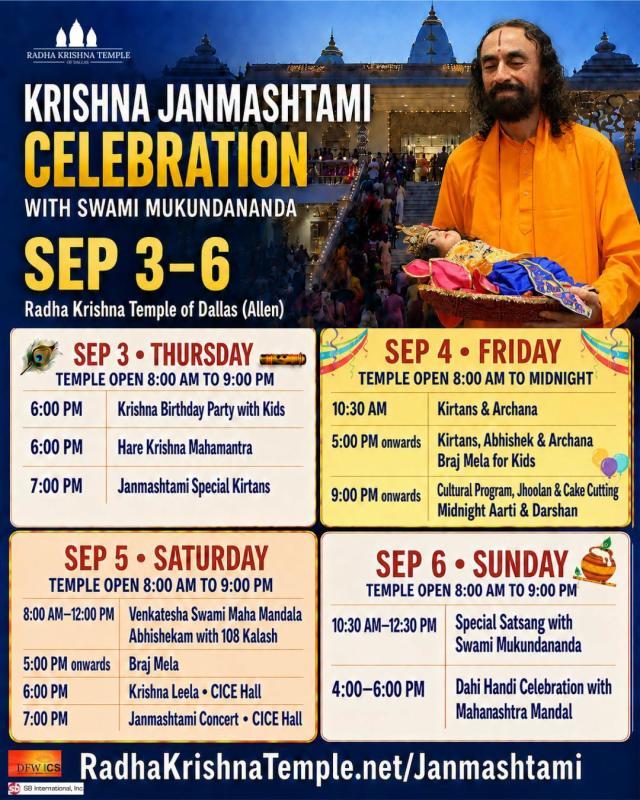Krishna Janmashtami Celebration 2026 at Radha Krishna Temple, Allen
