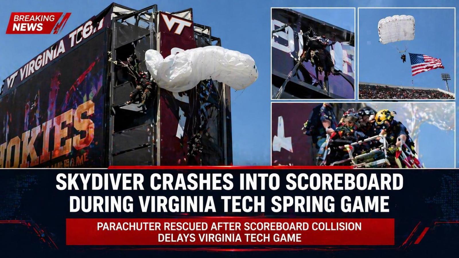 Wind drift causes skydiver to hit scoreboard at Lane Stadium event