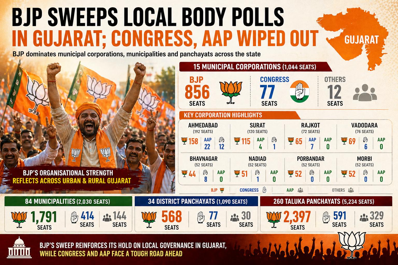 BJP Sweeps Gujarat Local Polls, Congress and AAP Suffer Major Defeat