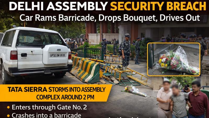 Delhi Assembly Security Breach  Car Rams Barricade, Drops Bouquet, Flees
