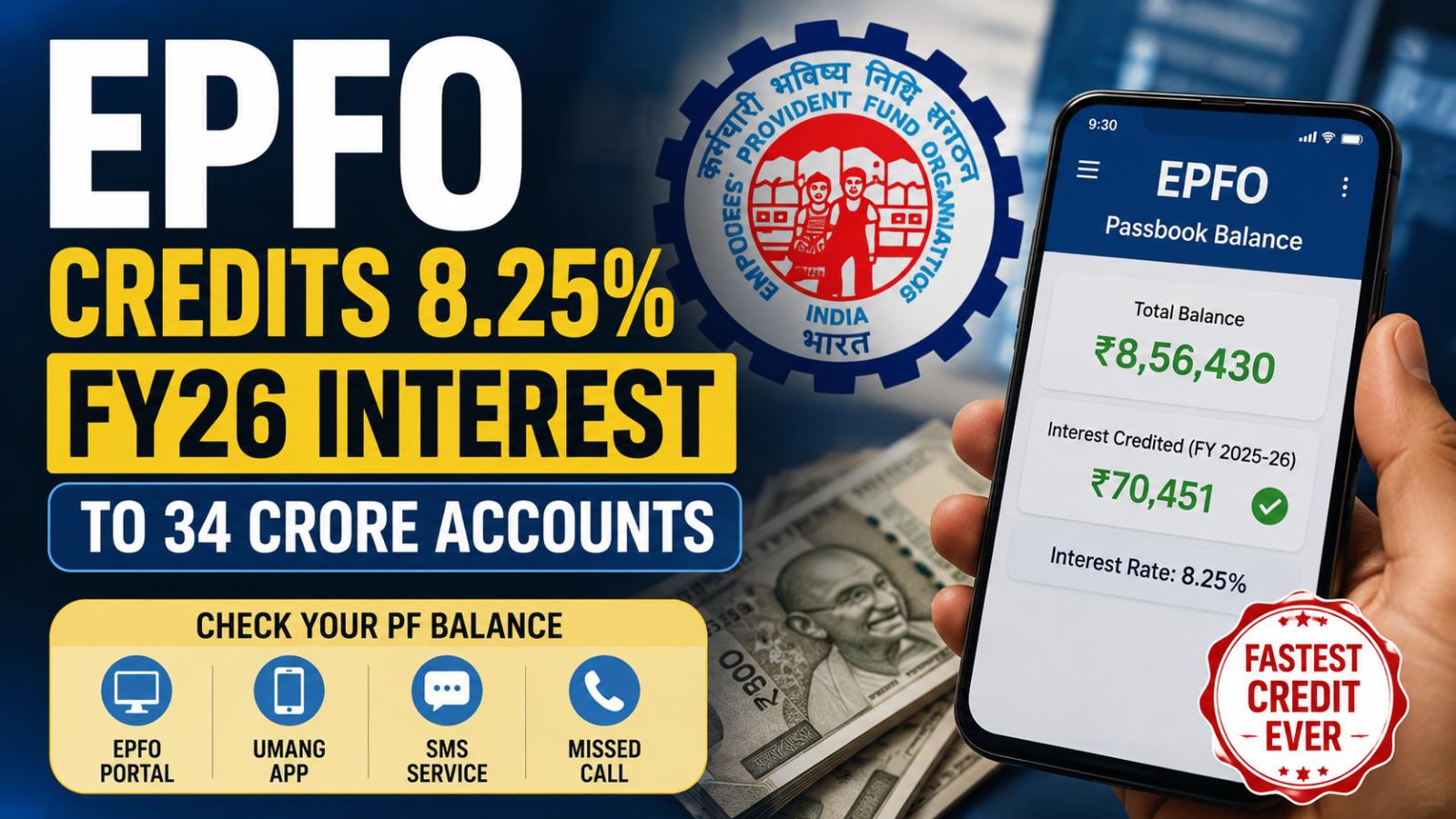 EPFO Credits 8.25% FY26 Interest Check PF Balance