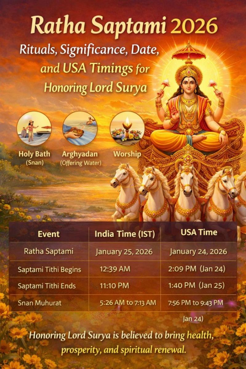 Ratha Saptami 2026  Rituals, Significance, Date, India and USA Timings for Honoring Lord Surya