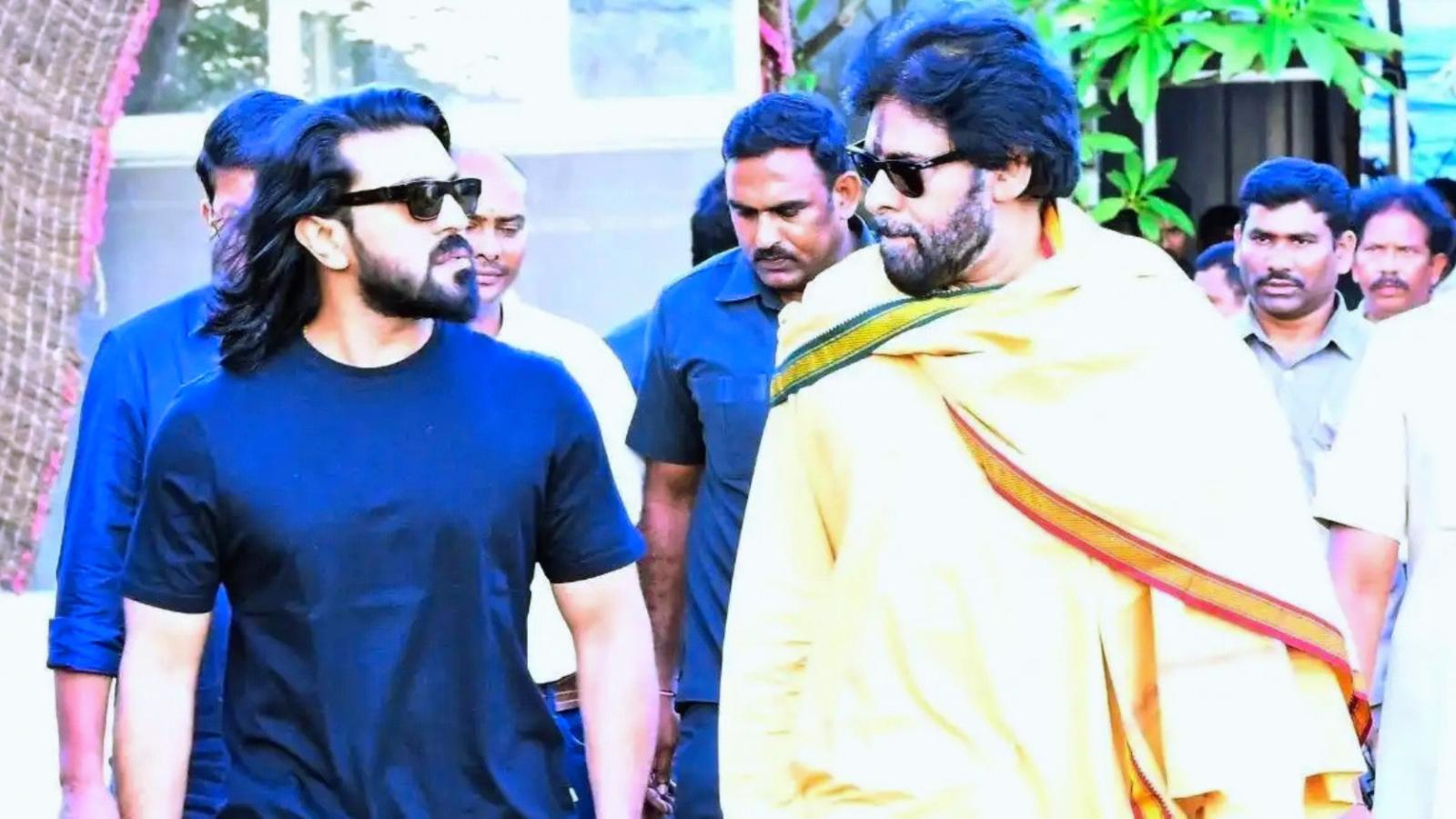 Ram Charan meets Pawan Kalyan at Amaravati Jana Sena office
