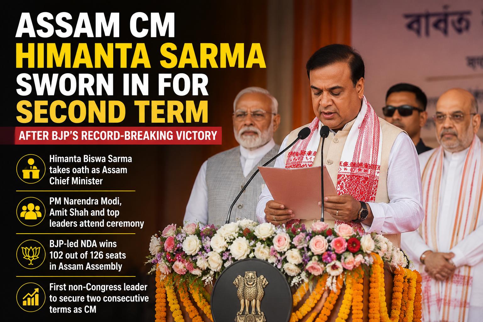 Assam CM Himanta Sarma Sworn in for Second Term After BJP’s Record-Breaking Victory