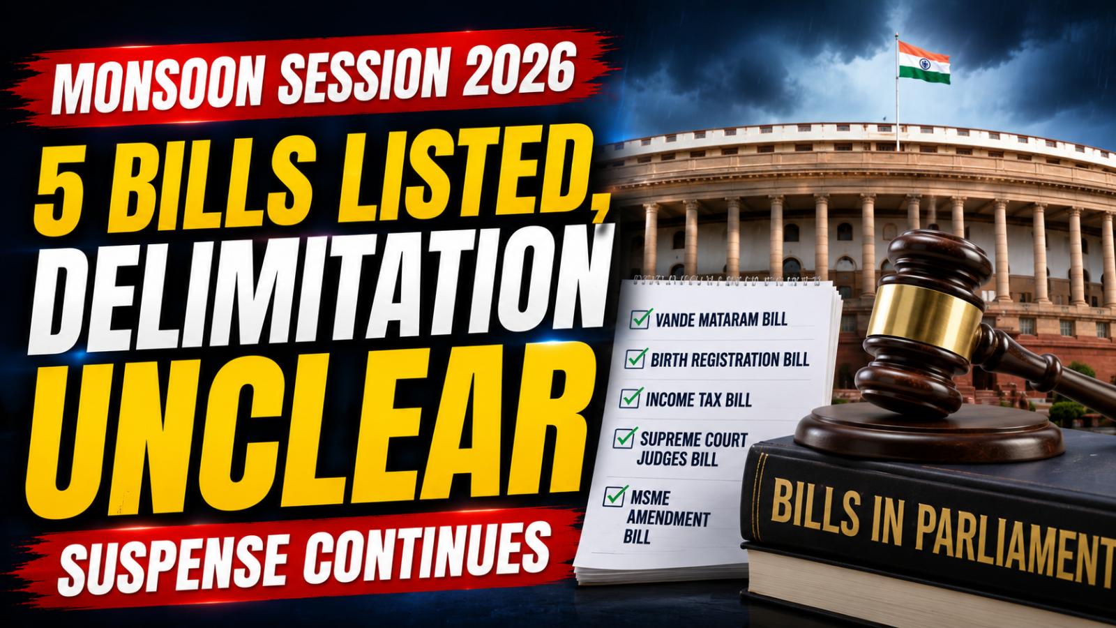 Monsoon Session 2026 Five Bills Listed, Delimitation Unclear