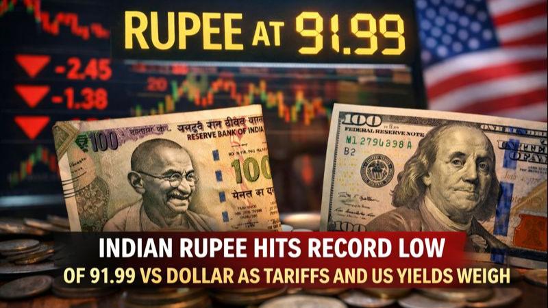 Indian rupee hits record low of 91.99 vs dollar as tariffs and US yields weigh