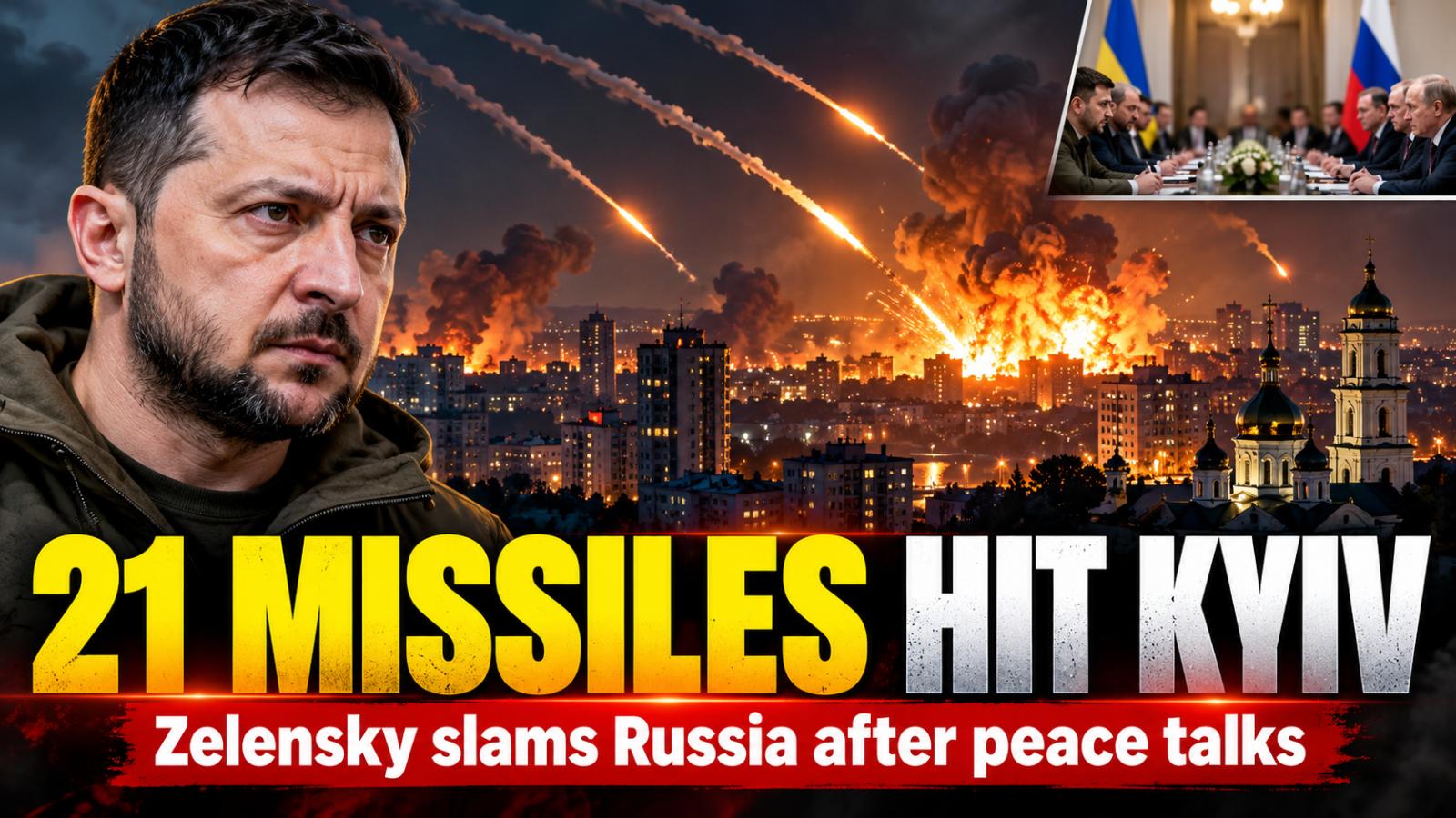 Zelensky Slams Russia After 21 Missiles Strike Kyiv Amid Peace Talks