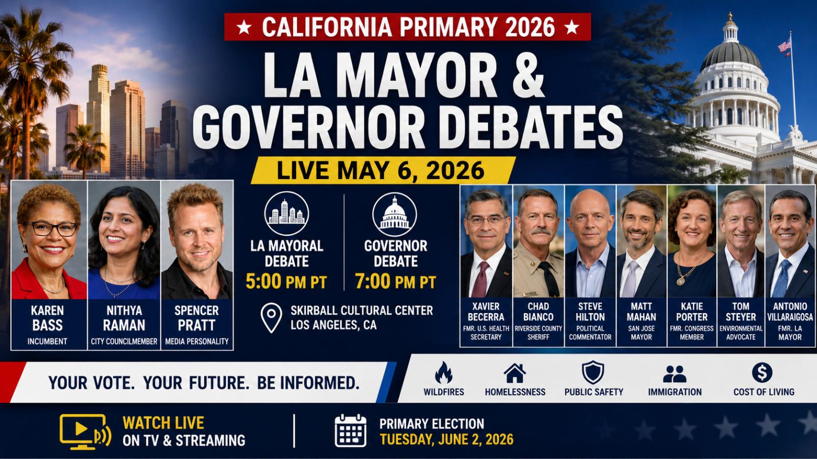 California Primary Debate 2026 LIVE  LA Mayor & Governor Candidates Clash Ahead of June 2 Election
