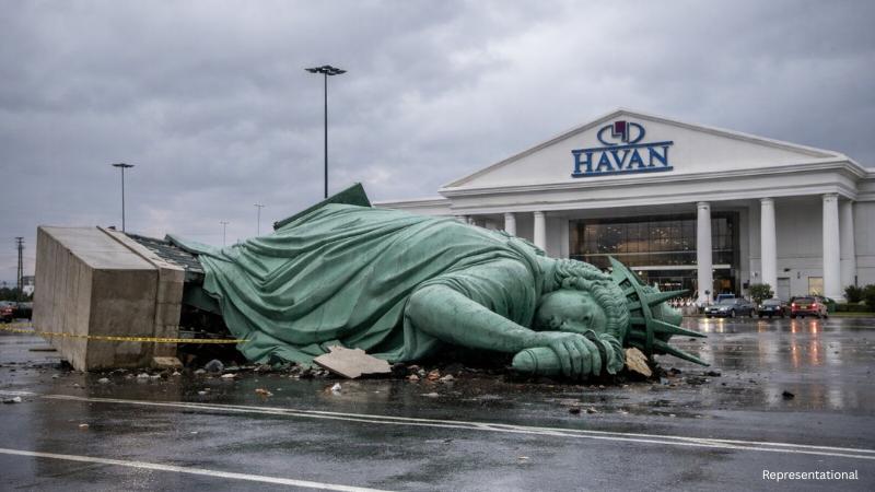 Storm topples Statue of Liberty replica outside Brazilian megastore in Guaba