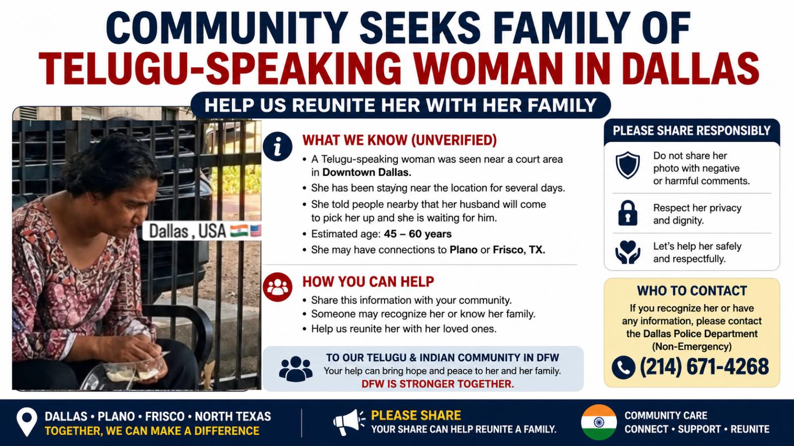 Community seeks family of Telugu-speaking woman in Dallas