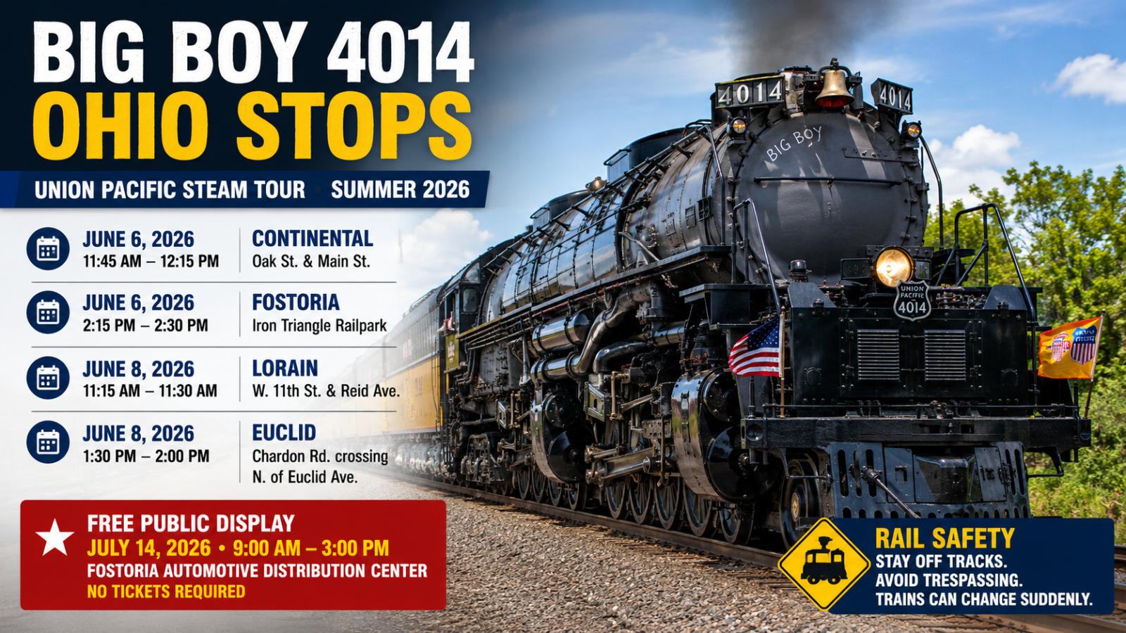 Big Boy 4014 Fostoria Display: Ohio Stops and Times