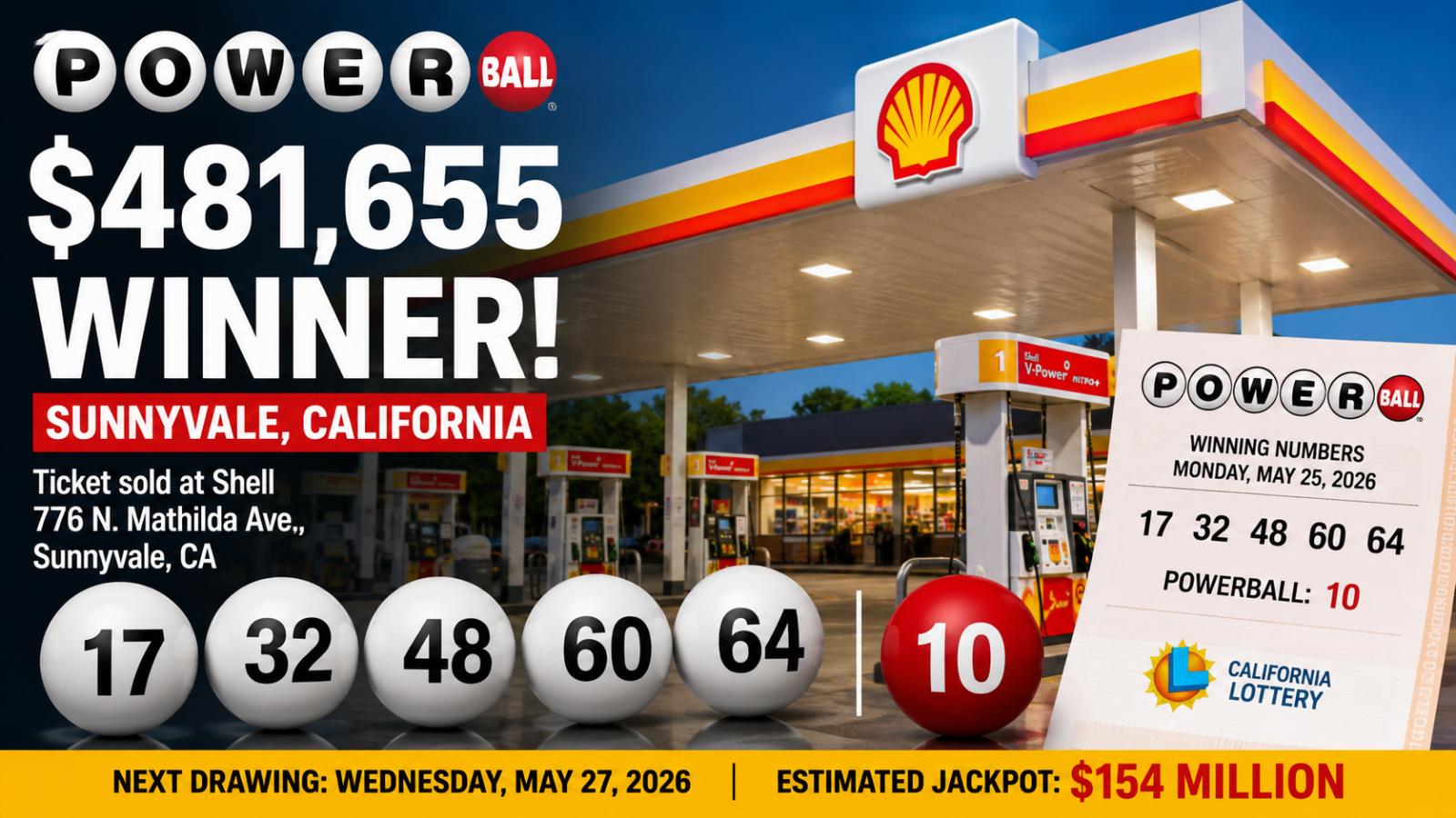 Sunnyvale Powerball Ticket Wins $481,655 at Shell Station