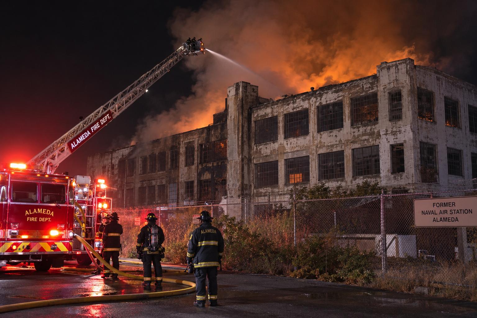 Alameda warehouse fire hits vacant former naval station site