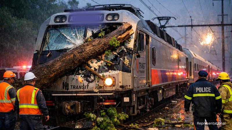 Tree crashes into train cab in New Jersey as storms disrupt rail services