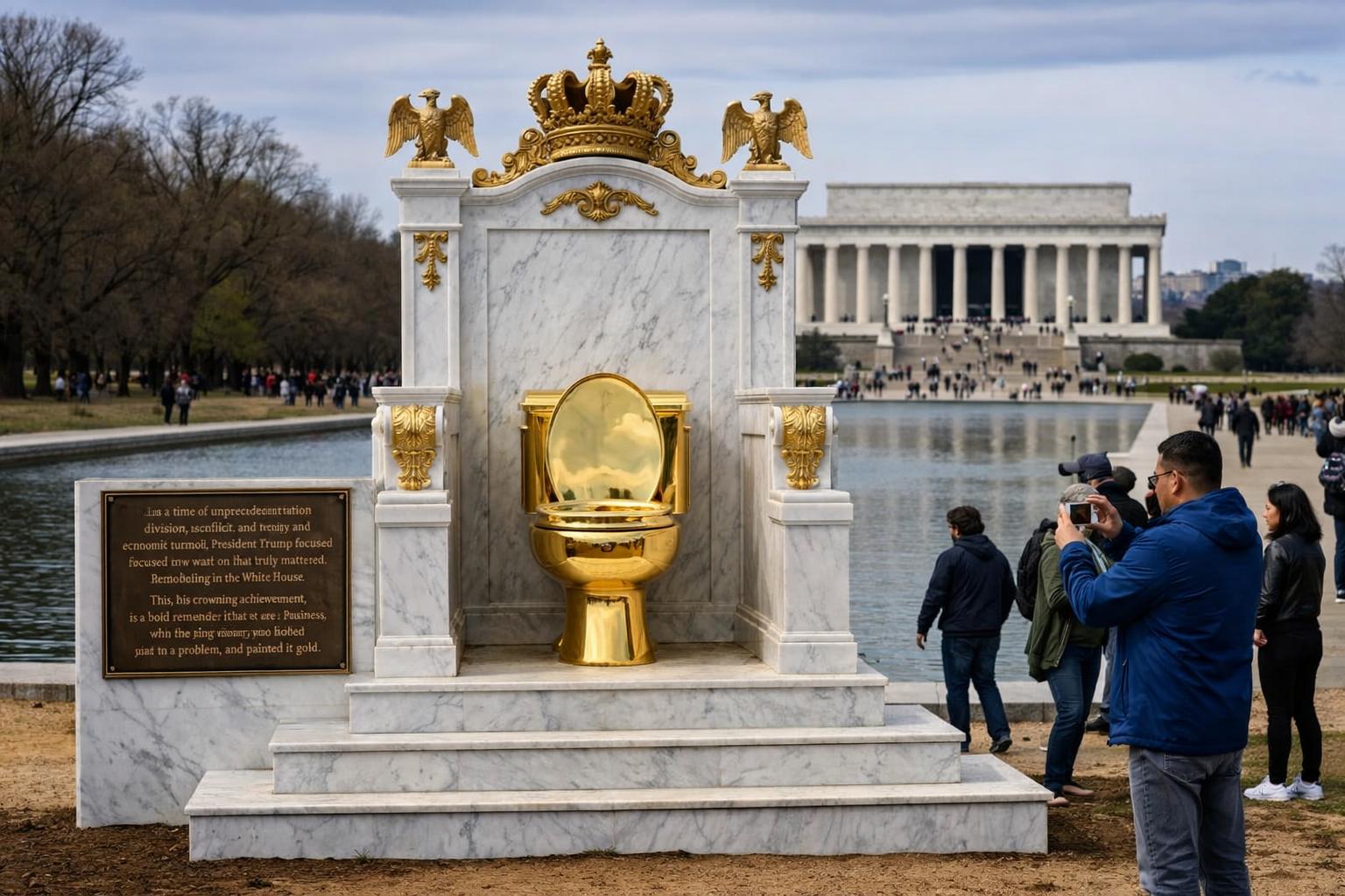 Giant gold toilet throne appears near Lincoln Memorial in protest display