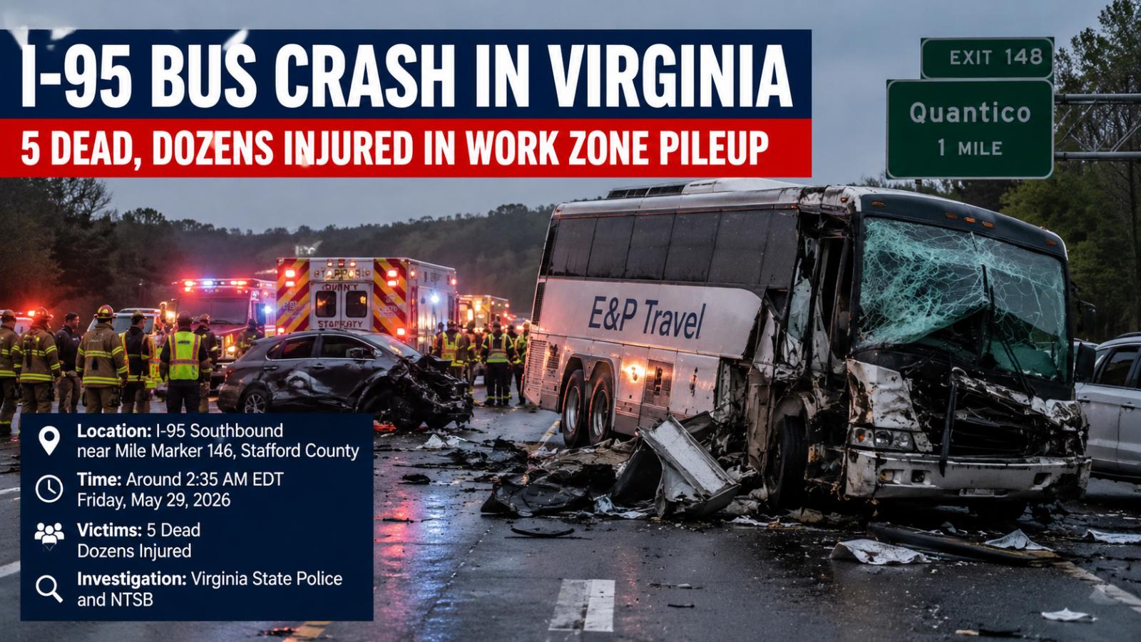 Stafford County I-95 Bus Crash Kills 5 as NTSB Opens Review