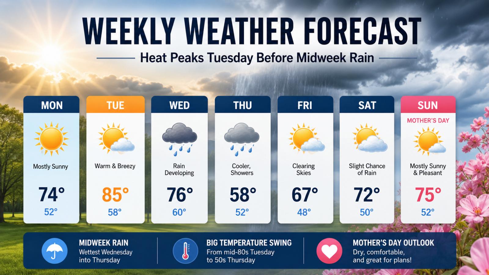 Weekly Weather Forecast: Heat Peaks Tuesday Before Midweek Rain — What to Expect for Mother’s Day