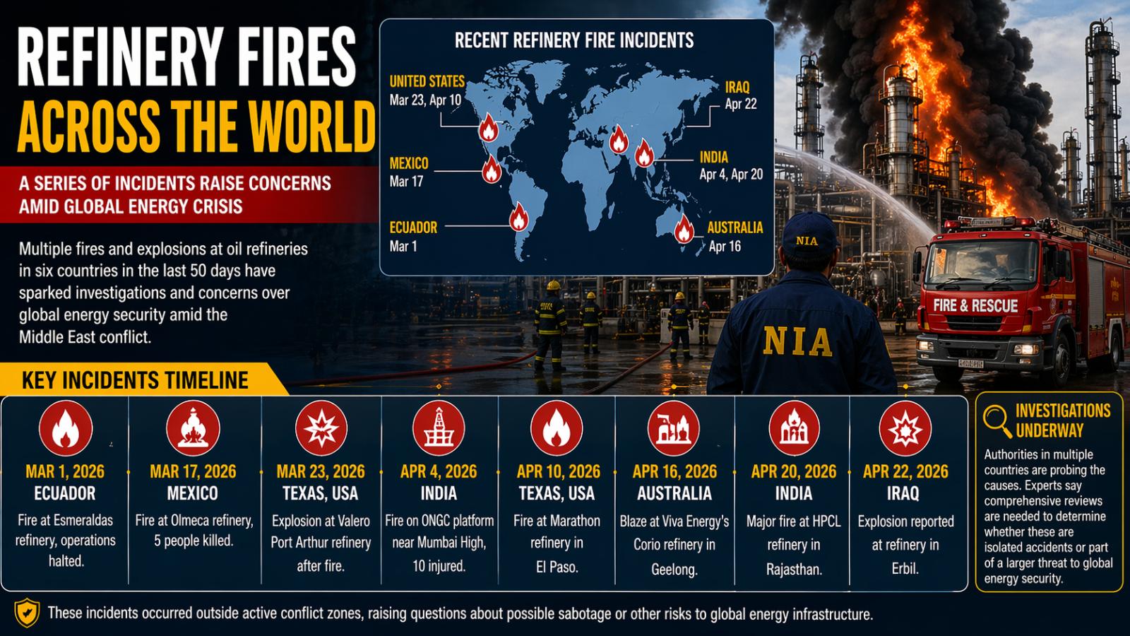 Multiple refinery fires worldwide spark investigations and security concerns