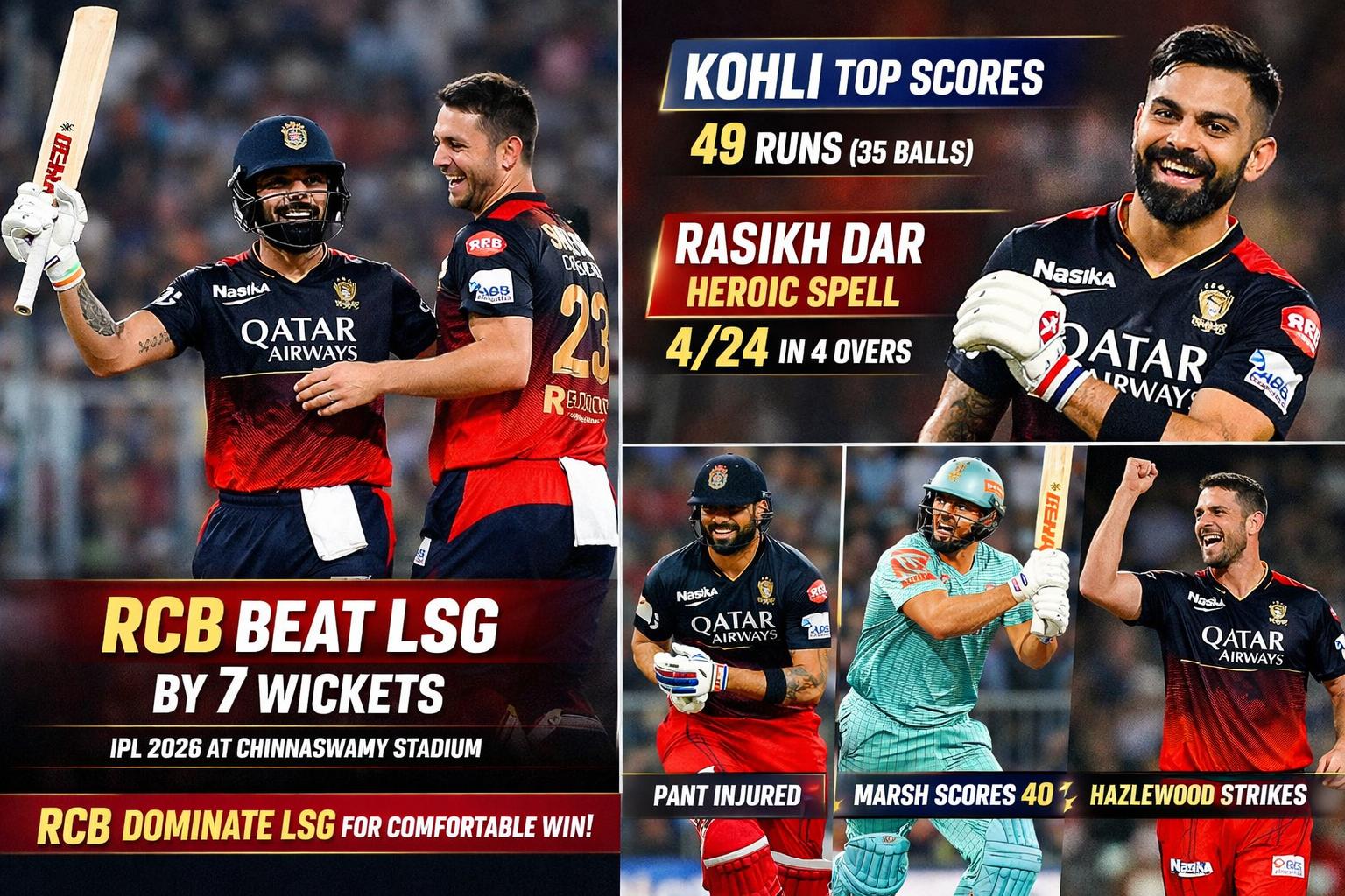 RCB beat LSG in IPL 2026 as Kohli and Rasikh Dar shine at Chinnaswamy
