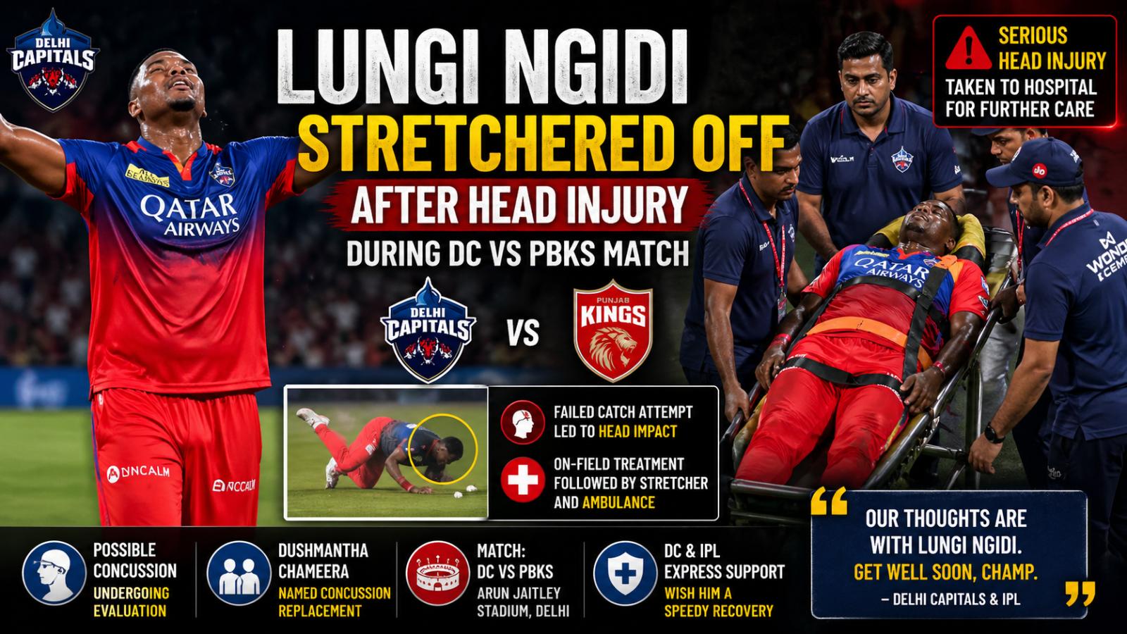 Lungi Ngidi stretchered off after head injury during DC vs PBKS match