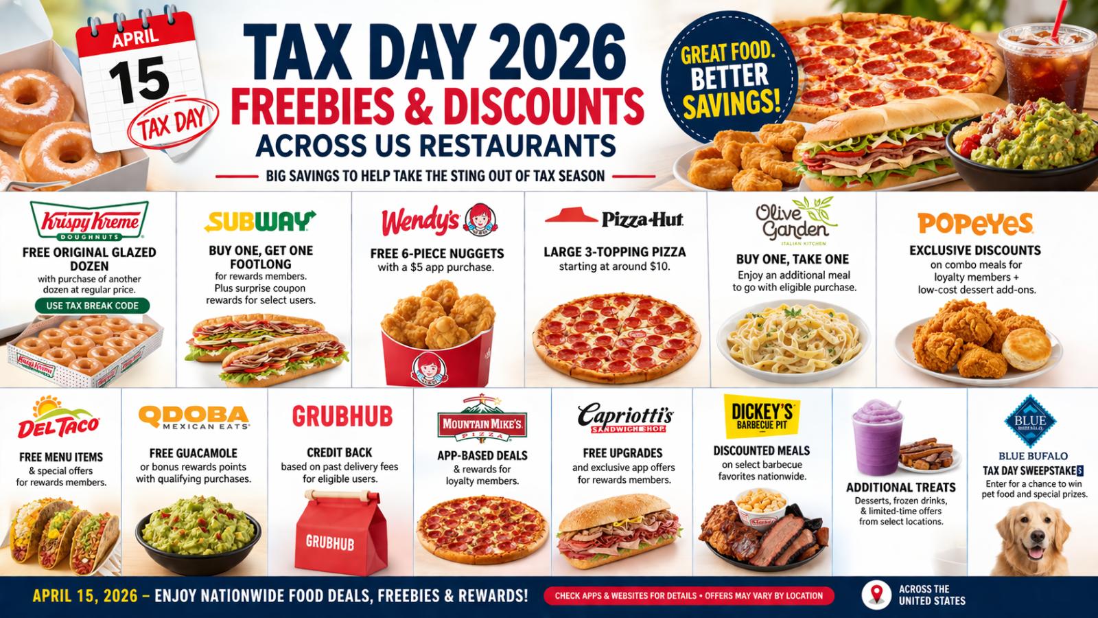 Tax Day food deals 2026 Freebies and discounts across US restaurants