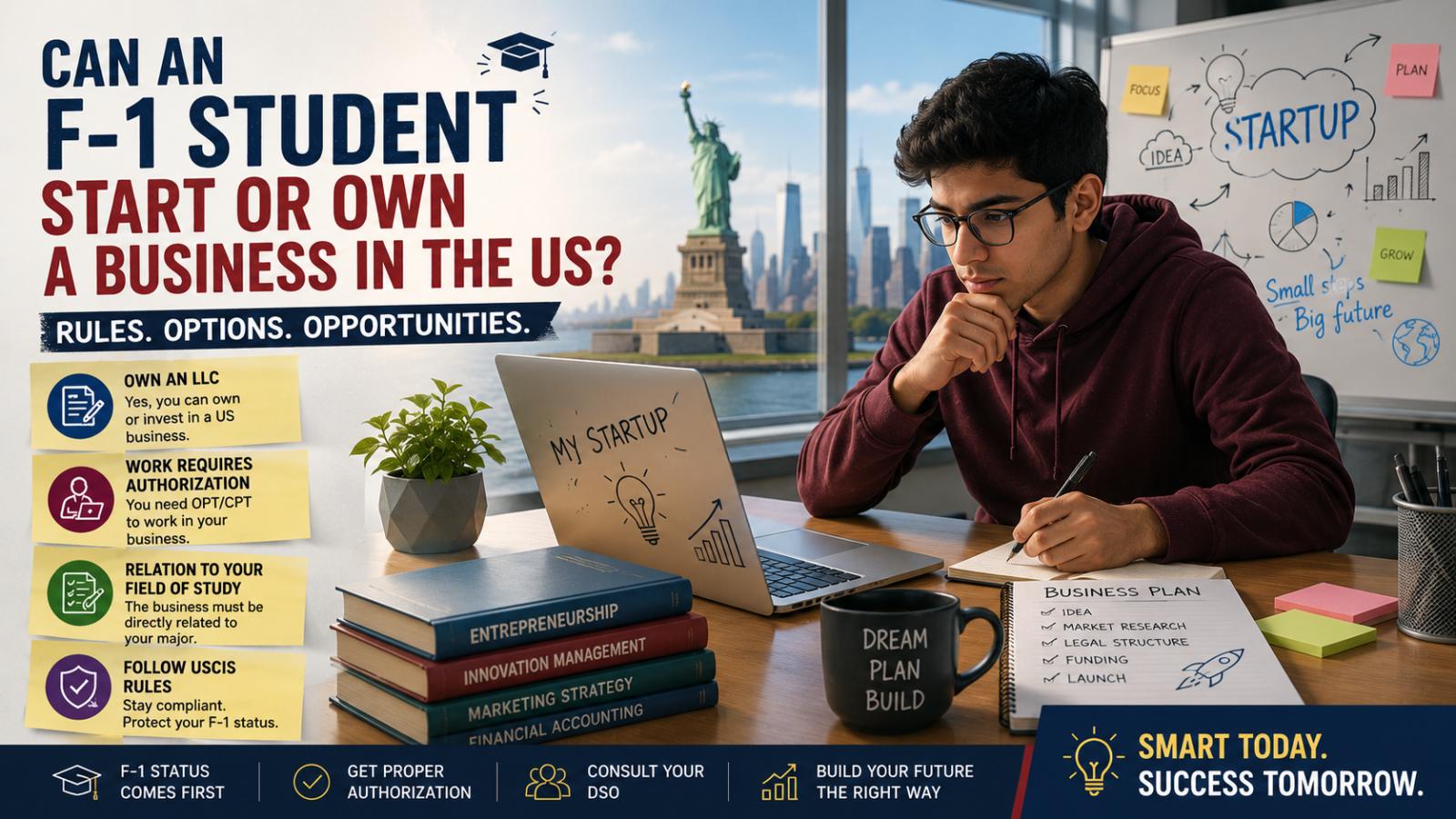 Can an F-1 student start or own a business in the US?