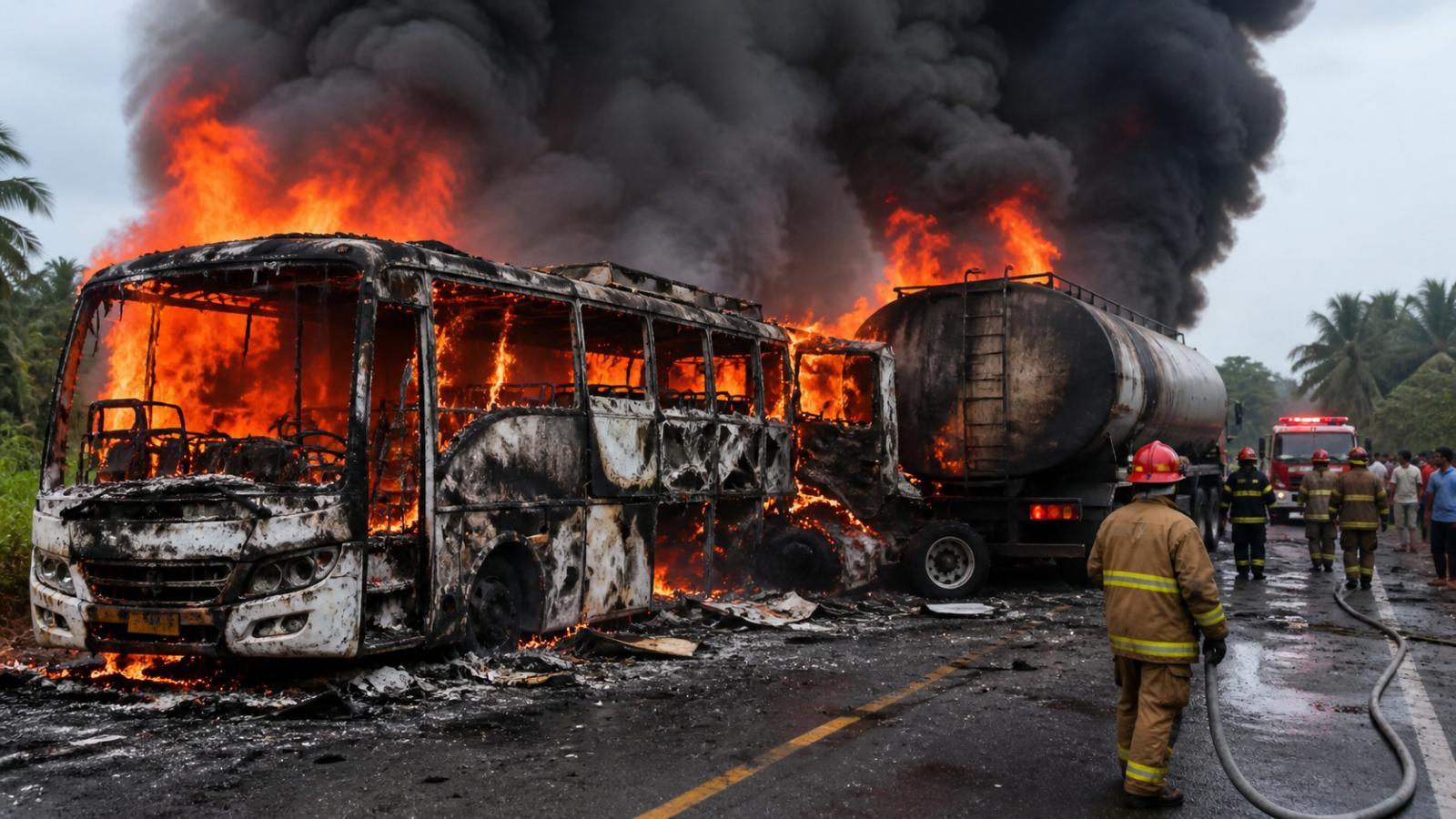 Indonesia bus-tanker crash kills 16 after fire in Sumatra