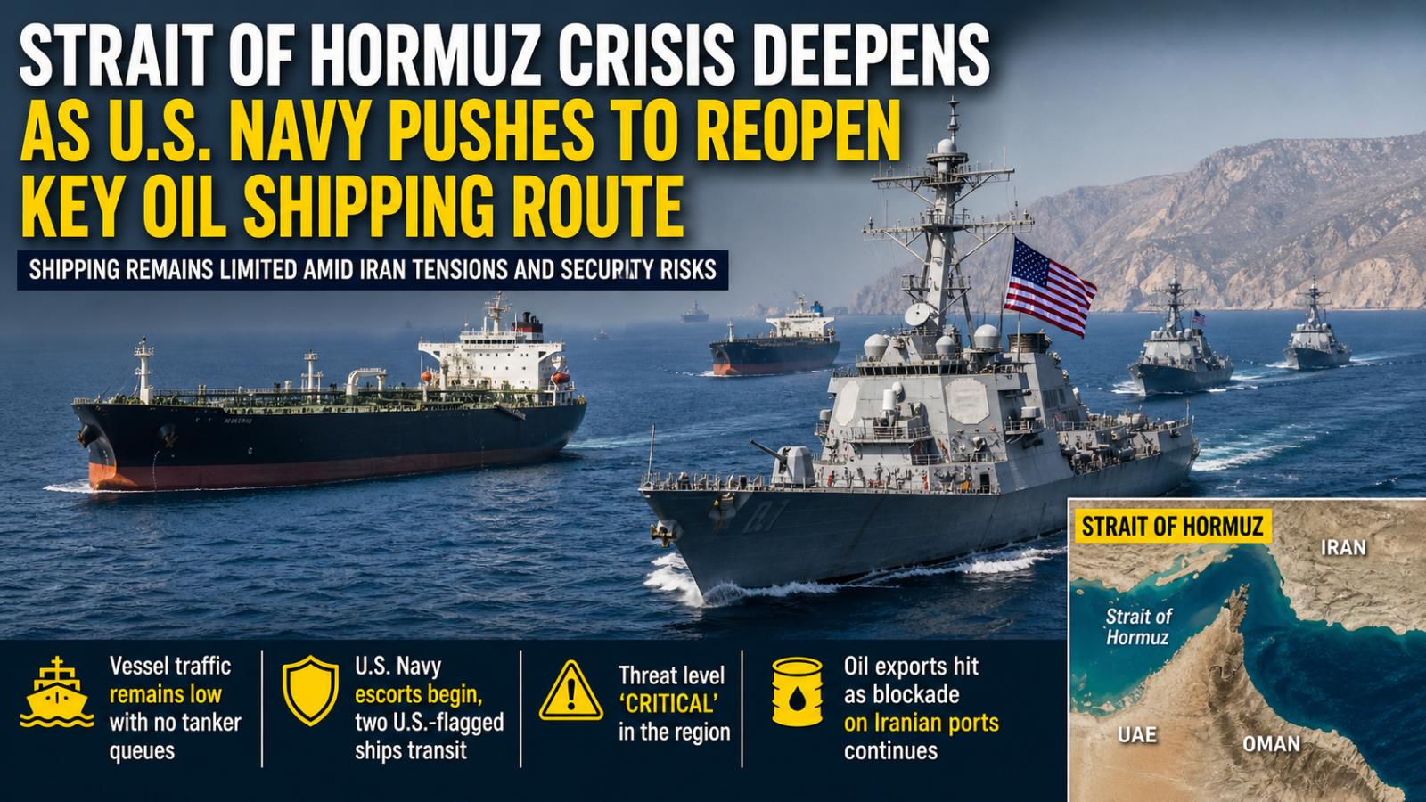 Strait of Hormuz Crisis Deepens as U.S. Navy Pushes to Reopen Key Oil Shipping Route