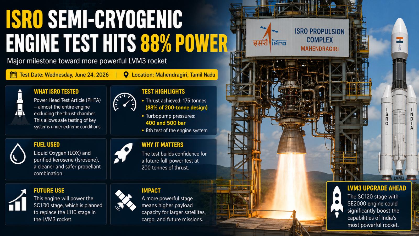 ISRO Semi-Cryogenic Engine Test Hits 88% Power for LVM3