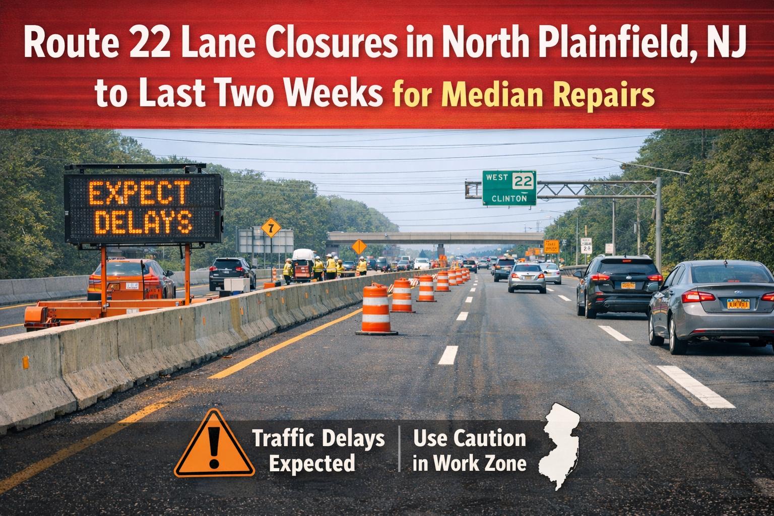 Route 22 Lane Closures in North Plainfield, New Jersey to Last Two Weeks