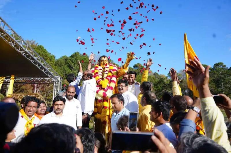  Nara Lokesh Unveils NTR Statue in Atlanta  A Symbol of TDP's Global Outreach 